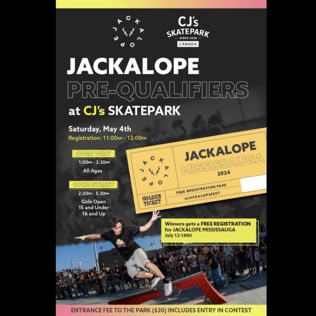📣 JACKALOPE PRE-QUALIFIERS AT CJs SKATEPARK #cjsskatepark #jackalope #registration #contest #savthedate #mississauga #skateboarders #skateparks
