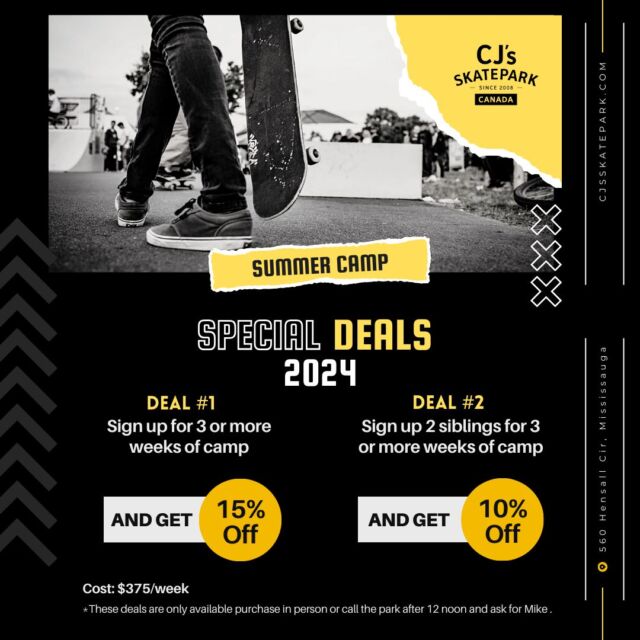 🔥 Hot Summer Deals at CJ's SKATEPARK! 🔥 

Make the most of this summer with our special offers: 
🌟 Sign up for 3+ weeks of camp and get 15% off 
🌟 Sign up 2 siblings for 3+ weeks of camp and get 10% off 

*These deals are available for in-person purchases or by calling the park after 12 noon (ask for Mike). 

Our camps kick off on July 2nd, 2024, featuring: 
🔹 Certified Instructors 
🔹 Structured Lessons & Sport-Specific Stretching
🔹 Nutrition and Hydration 
🔹 Fun Activities and Games 

Cost: $375/week | $325 for 4-day weeks | $300 for 3-day weeks 

Don’t miss out! 
info@CJsSkatepark.com

#CJsSkatepark #SummerCampDeals #SiblingDiscount #Skateboarding #Scootering