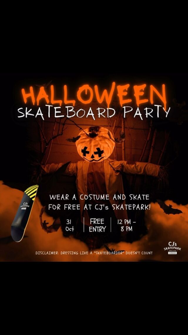 🎃👻 Ready for a spectacular time?

Halloween is almost here, and CJ’s SKATEPARK is the place to be! Come to CJ’s SKATEPARK wearing a costume and skate for FREE from 12 PM to 8 PM! 🛹🔥

Get ready for a day of tricks, treats, and skating fun! ⚠️ 

Dressing like a “skateboarder” doesn’t count! 😉

#HalloweenSkateParty #CJSkatepark #FreeSkate #HalloweenFun #SkateAndScare