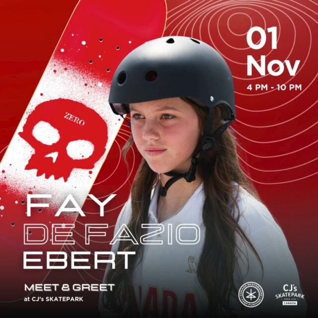 9 Days Until Fay Day! 🗓️ 🤩

Get ready for Fay Day on November 1st at CJ’s SKATEPARK! 🎉 Join us and meet Canada’s youngest Olympic skateboarder, Fay De Fazio Ebert! 🛹 🏆

✨ Meet & greet
✨ Skate with Fay and watch her demo
✨ Get your hands on her custom ZERO skateboard - limited deck stock for this event!

Don’t miss out on this epic opportunity to skate, connect, and make unforgettable memories with Fay and the CJ’s community. See you there! 🔥

📅 Date: November 1st
⏰ Time: 4 PM - 10 PM
📍 Location: CJ’s SKATEPARK

#FayDay #SkateEvent #OlympicSkater #SkateCommunity #CJsSKATEPARK #MeetAndGreet