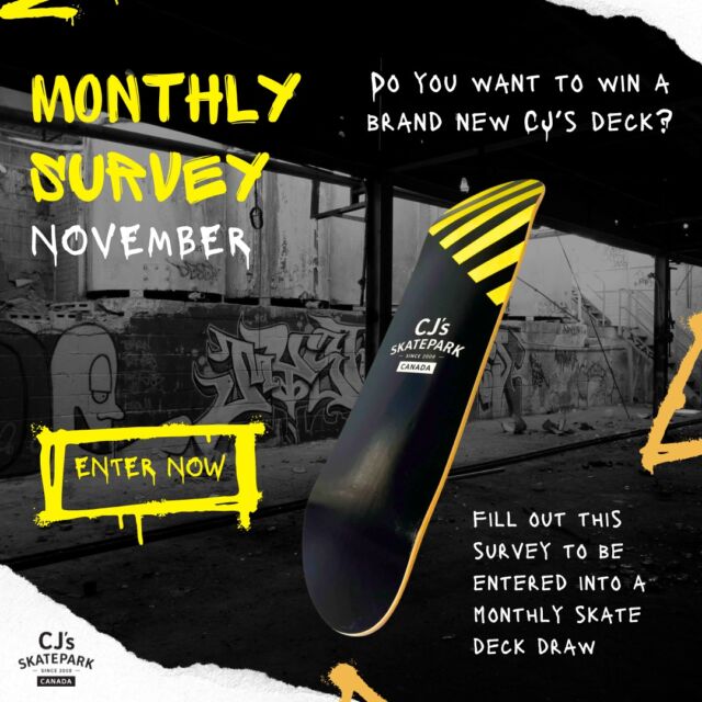 🍂 CJ's SKATEPARK Deck Giveaway – November Edition! 🛹✨

A new month, a new chance to win! This November, we're giving away another brand-new CJ's deck to one lucky survey participant! 🎉

It only takes a moment! Complete our quick survey and you could be our next winner! 🏆✨

Your feedback helps us make CJ's SKATEPARK even better, so don't miss this chance to share your thoughts and grab an awesome prize. 🍁

👉 Survey link in our bio or visit: https://forms.gle/rY8y59PYLn3QzB9d8

#CJsSKATEPARK #NovemberGiveaway #WinACJsDeck #SkateAndWin #SkateCommunity