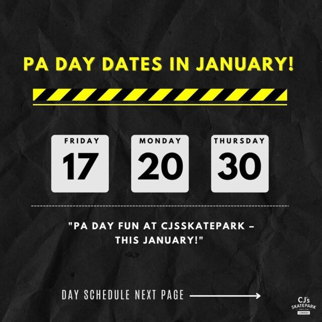 🥳Don’t forget PA Day dates in January!🔥🛹

Toronto 
* January 17, 2025 - Assessment and Reporting (Elementary) 
* January 30, 2025 - Professional Development (Secondary)
Peel Region 
* January 20, 2025 - Professional Activity (Elementary)
* January 30, 2025 - Professional Development (Secondary) 

#CJSSKATEPARK #PADayFun #Skateboarding #Scootering