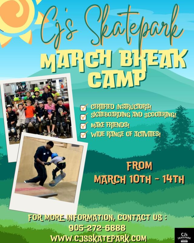 March Break is almost here! ⏳ There’s still time to sign up for our Skate & Scooter Camp! 🛹🛴

Give your kids an epic week of learning new skills, making friends, and having fun at CJ’s. 
Don’t miss out!

✅Sign up now! #MarchBreakCamp #Skateboarding #Scootering