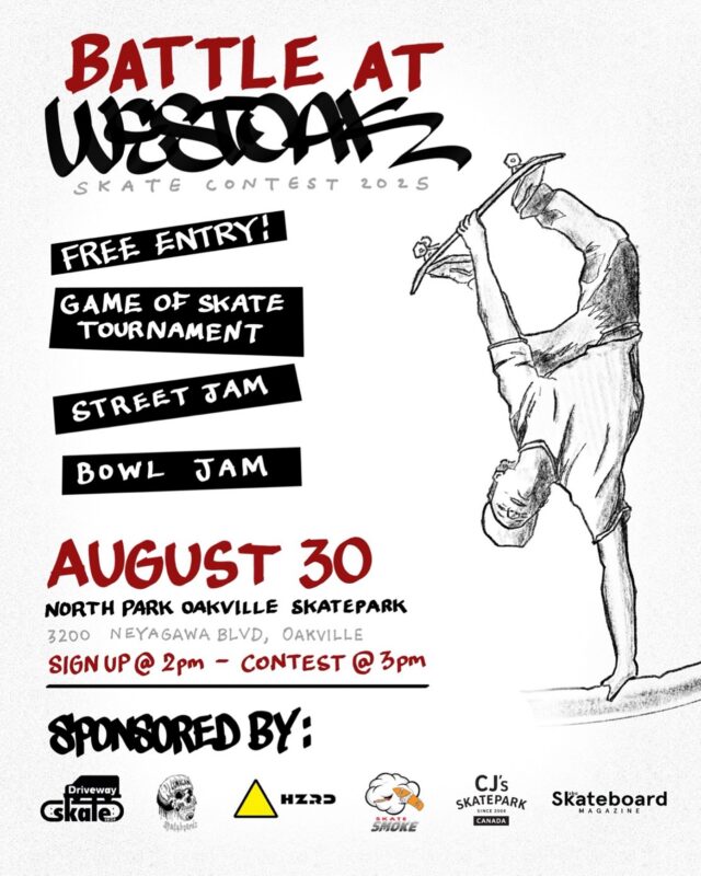 @battle_at_westoak is happening this Saturday, and so will we — are you coming through?

We’ll be showing up with free stuff and giveaways, so stop by!

📍 North Park Oakville Skatepark, 3200 Neyagawa Blvd, Oakville
🗓️ August 30 | 2pm signup, 3pm contest start

#skateboard 
#skateboarding 
#cjsskatepark